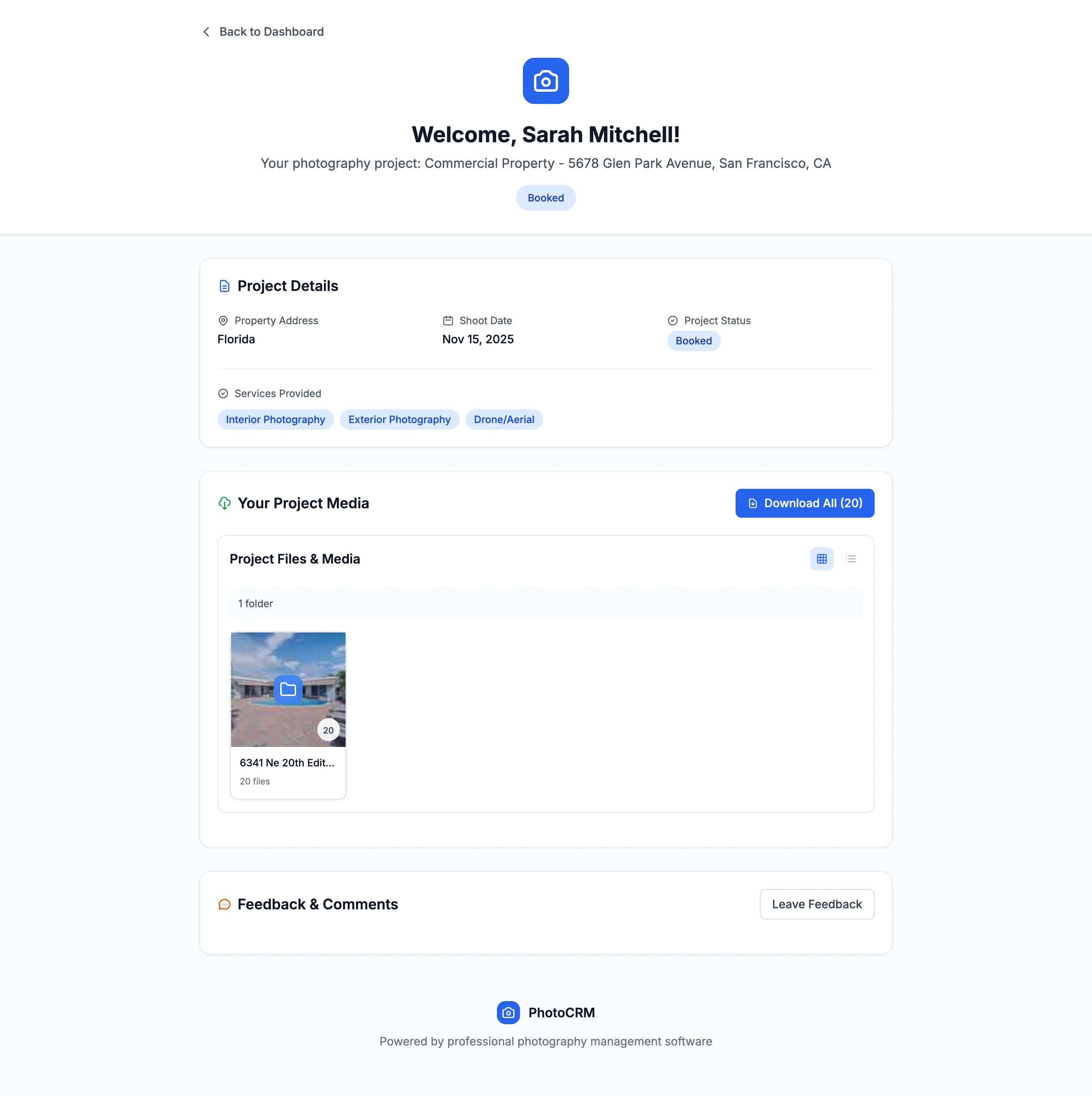 PhotoCRM Project Gallery — Client photo browsing